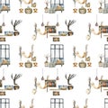 Seamless pattern of interior scenes, wabi-sabi interior concept