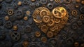 A seamless pattern of interlocking golden gears forming a heart shape. Generative ai