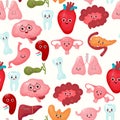 Seamless pattern with internal organs. Cute cartoon human organs characters kawaii on white background. Vector