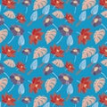 Seamless pattern of international orange golden gate bridge and Aero lotus, Purple navy sunflower and Dark salmon beautiful leaves