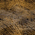 Seamless pattern with intersecting rough holed net elements in white, yellow, brown, orange colors on black background