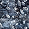 Seamless pattern with intricate organic texture of silver and blue fossils, for fabrics, textiles, whimsical background.