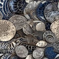 Seamless pattern with intricate organic texture of silver and blue fossils, nature background. Generative AI