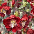 Seamless pattern with intricate repetition organic backdrope of red helleborus flowers, watercolor stylized. Generative AI