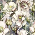 Seamless pattern with intricate repetition organic backdrope of white helleborus flowers, watercolor stylized. Generative AI