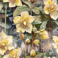 Seamless pattern with intricate repetition organic backdrope of yellow helleborus flowers, watercolor stylized. Generative AI
