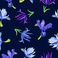 Seamless pattern of iris flowers on a dark background Royalty Free Stock Photo