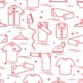 Seamless pattern with irons, clothes hangers and different clothes. Design for banner and print