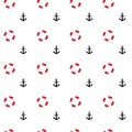 Seamless pattern: isolated anchors and lifebuoy on a white background.