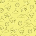 Seamless pattern of black contour 3d weather icons on a yellow background