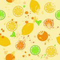 Seamless pattern: isolated citrus fruits and watercolor spots on a light background. Royalty Free Stock Photo