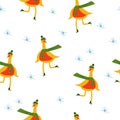 Seamless pattern: isolated geese on skates and snowflakes on a white background. vector.