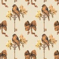 Seamless pattern of isolated hand-drawn elements: Bird, jewelry antique key. Design in vintage style