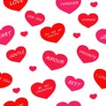 Seamless pattern: isolated hearts with the words for Valentine`s Day on a white background.