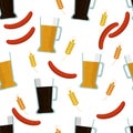 Seamless pattern: isolated light and close beer, rye and malt, barbecue on a white background. Flat vector.