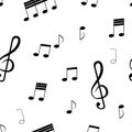 Seamless pattern: isolated music notes and musical key of black color on a white background. Royalty Free Stock Photo