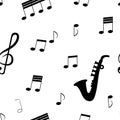 Seamless pattern: isolated musical signs and musical instrument saxafon in black on a white background.