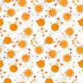 Seamless pattern: isolated orange oranges and watercolor splashes on a white background. Royalty Free Stock Photo