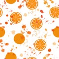 Seamless pattern: isolated oranges, orange slices and orange blots on a white background. Flat vector. Illustration. Royalty Free Stock Photo