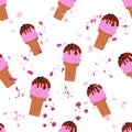 Seamless pattern: isolated pink ice cream in a waffle cup with watercolor blots on a white background. Flat vector.