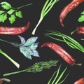 A seamless pattern with the isolated watercolor spices (spicy herbs)