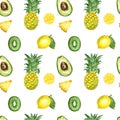 Seamless pattern with isolated watercolor summer exotic fruits - ripe pineapple, avocado, kiwi fruit, lemon, fruits slices