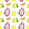 Seamless pattern with isolated watercolor summer fruits - citrus slice, lemon, orange, dragon fruit on white background Royalty Free Stock Photo