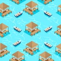 seamless pattern isometric bungalows, houses in the sea with boats