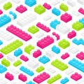 Seamless pattern with isometric colorful plastic constructor details or pieces on white background. Backdrop with toy Royalty Free Stock Photo
