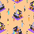 seamless pattern isometric shops and people busy shopping