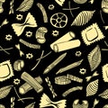 Seamless pattern with italian macaroni of different kinds. light yellow coloured hand draw on black background Royalty Free Stock Photo