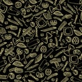 Seamless pattern with italian macaroni of different kinds. light yellow coloured hand draw on black background Royalty Free Stock Photo