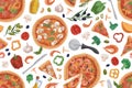 Seamless pattern with Italian pizza slices, ingredients and kitchen tools on white background. Hand-drawn endless design