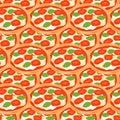 Seamless pattern with Italian traditional pizza with mozzarella, tomatoes, basil.