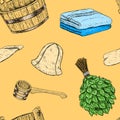 Seamless pattern items for sauna. Hand drawn vector set for bath.