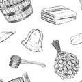 Seamless pattern items for sauna. Hand drawn vector set for bath.