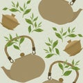 Seamless pattern with items for traditional Chinese tea drinking Pin Cha. The kettle, gaiwan and the green tea leaves