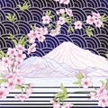 Seamless pattern with Japanese blossom sakura and Mount Fuji.