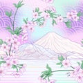 Seamless pattern with Japanese blossom sakura and Mount Fuji. Vector stock illustration.