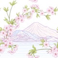 Seamless pattern with Japanese blossom sakura and Mount Fuji. Ve
