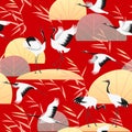 Seamless Pattern with Japanese Cranes and Reed