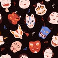 Seamless pattern with Japanese Kabuki theater masks, Asian mythology animal muzzle symbols, authentic face makeup vector Royalty Free Stock Photo