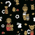 Seamless pattern with kokeshi dolls