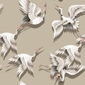 Seamless pattern with Japanese white crane in batik style. Vector illustration.