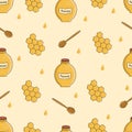 Seamless pattern of a jar of honey, stick for honey and honey comb. Royalty Free Stock Photo