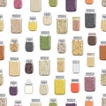 Seamless pattern of jars with cereals, beans, grains, nuts and seeds for kitchen storage Royalty Free Stock Photo