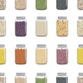 Seamless pattern of jars with cereals, beans, grains, nuts and seeds for kitchen storage Royalty Free Stock Photo