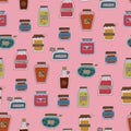 Seamless pattern of jars with homemade jams.