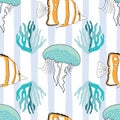 Seamless pattern with jellyfish, coral and fish on striped background Royalty Free Stock Photo