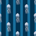 Seamless pattern jellyfish on dark blue background. Modern ornament with sea animals Royalty Free Stock Photo